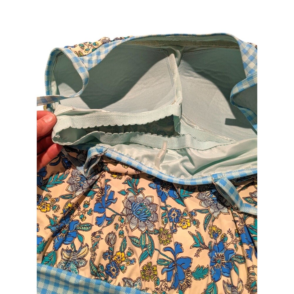 Lands' End Blouson Tankini Swim Top Sz 14 Blue Floral Paisley Gingham Pool Beach - Picture 10 of 12